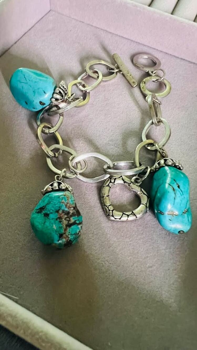 Chunky Silver-Tone Turquoise Stone Heart Charm Bracelet